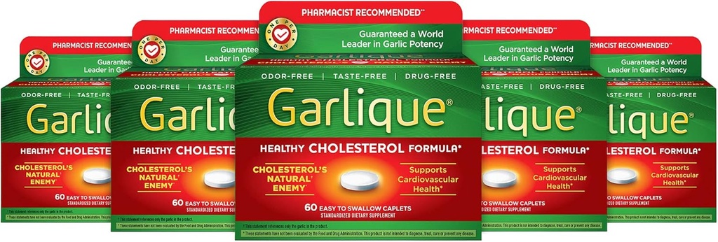 Garlique Healthy Cholesterol Formula with 5000 mcg of Allicin, 60 Enteric Coated Caplets (Pack of 5)
