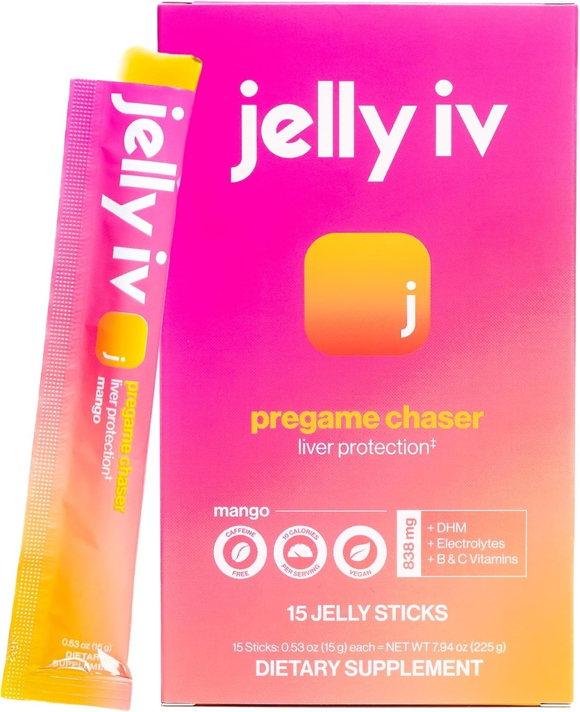 Fast Morning Relief Supplement Stick by Jelly IV - Natural Electrolytes & Liver Support Recovery - Nausea Reducing DHM - B Vitamins - Plant-Based Flavored Jelly Sticks - 15 Pack