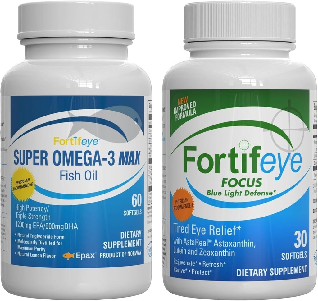 Fortifeye Blue Light and Heart Health Support Bundle ← Super Omega-3 Max Fish Oil, 60 Softgels y Focus Blue Light Defense, 30 Softgels
