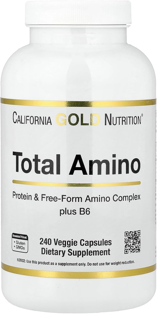 California Gold Nutrition Total Amino con vitamina B-6, y 20 Aminoácidos Blend, 240 cápsulas vegetales