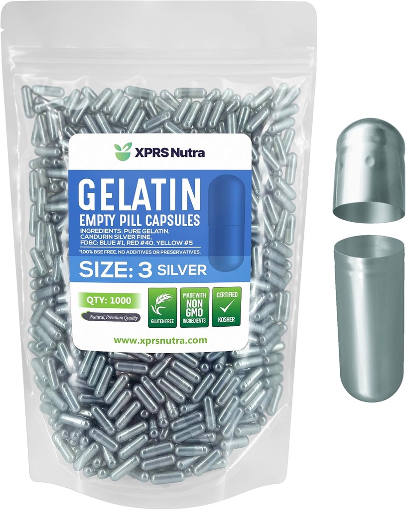 XPRS Nutra Size 3 Empty Capsules - 1000 Conde Empty Gelatin Capsules - Pills DIY Capsule Filling - Pure Bovine Pill Gel Caps for Do-It-youself Supplements (Silver)