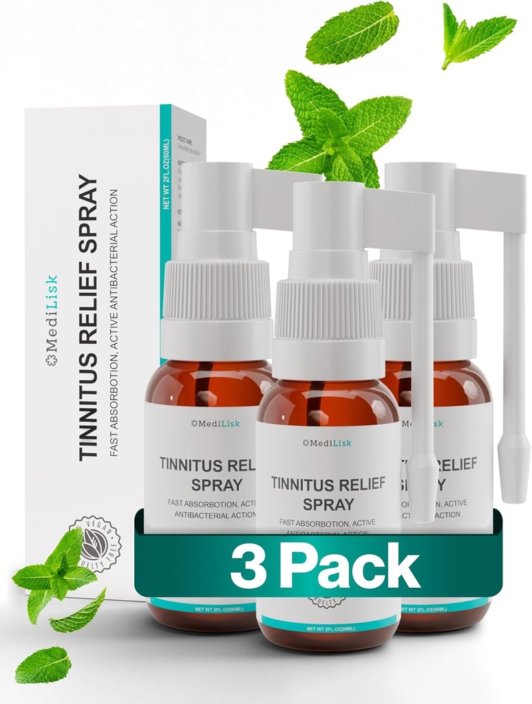 Medilisk Tinnitus Relief Spray – Apoya Tinnitus Relief for Ring Ears – Herbal Ear Care Products – Non-Steroidal & Hypoallergenic – 1 Fl Oz – Pack de 3