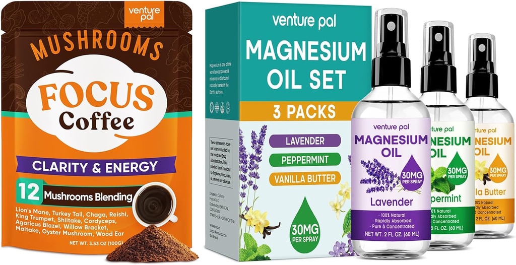 Venture Pal Mushroom Coffee &amp; Magnesium Oil Spray Bundle: 12 en 1 Café con Ashwagandha para Focus &amp; Inmunity + 3 Packs Pure Magnesium Spray for Relaxation, Sleep &amp; Muscle Relief - 40 Servings