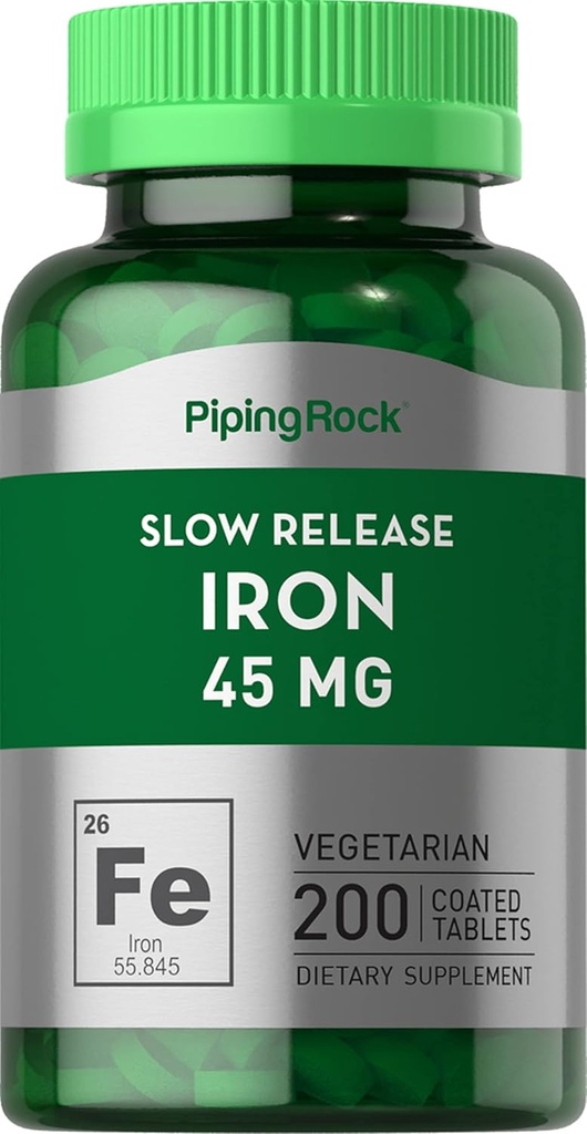 Piping Rock Iron Suplemento 45 mg  200 Tablets  durable for Women ' Men TEN Slow Release Ferrous Sulfate ← Vegetarian, Non-GMO &amp; Gluten Free