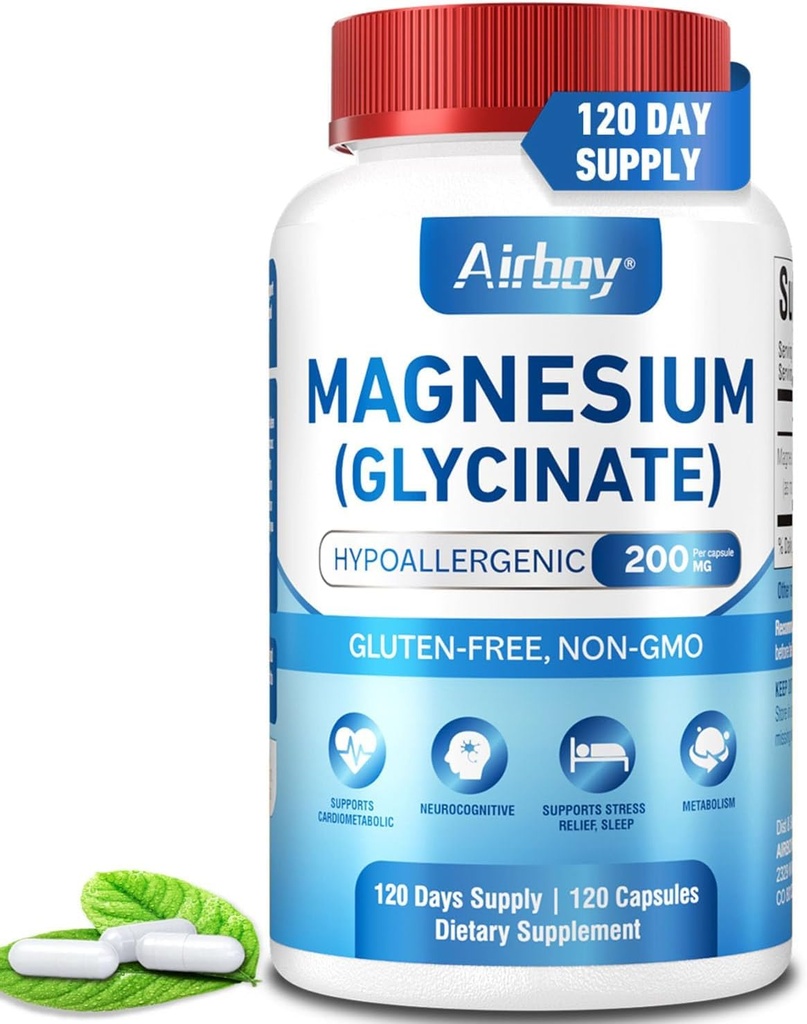 Airboy Magnesium Glycinate 200 mg, Mejor Magnesio Glycinate para el sueño, 120 cápsulas pequeñas veganas, alta absorción Soporte Relajación, sueño y calma Mood, no GMO y sin gluten