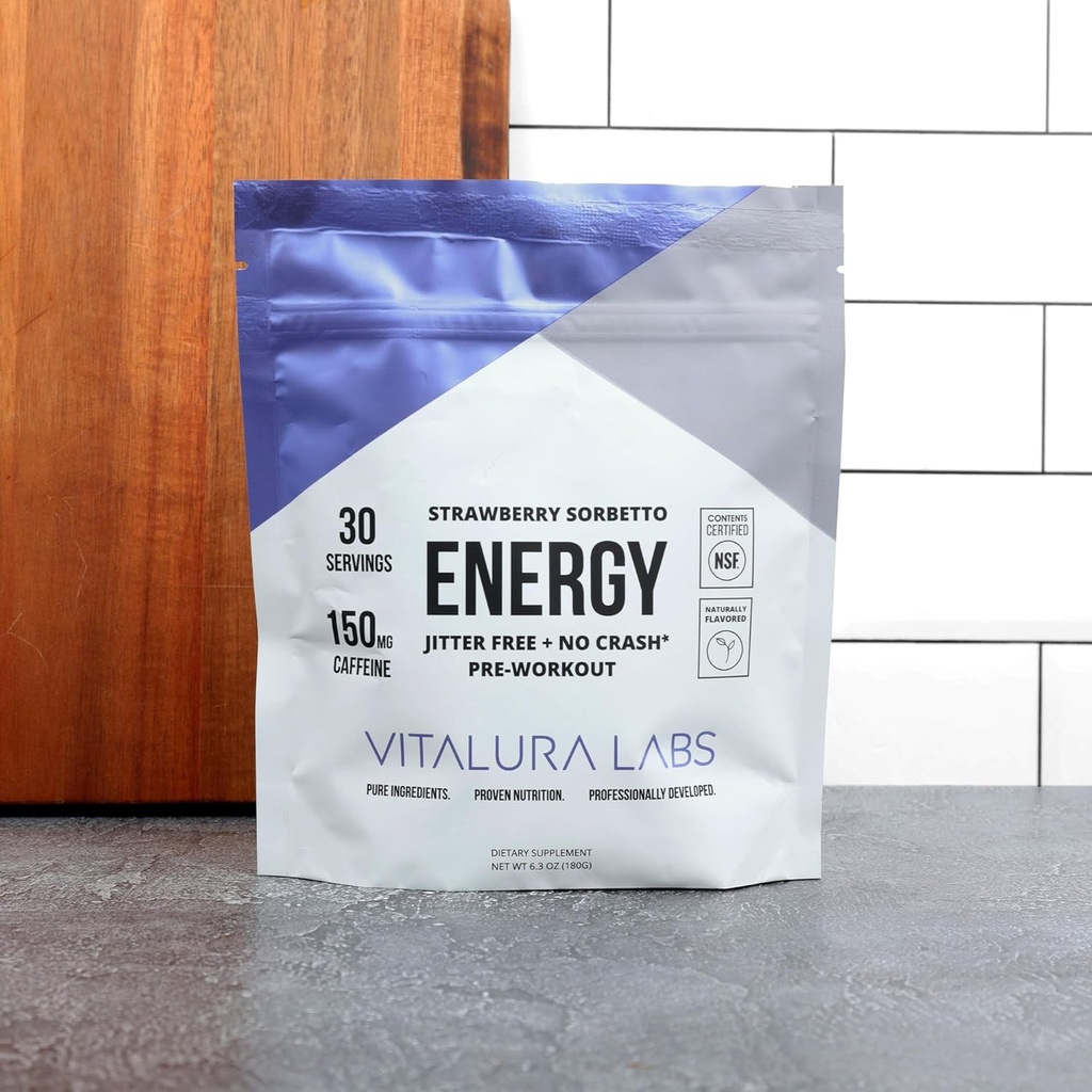 Vitalura Labs Pre-Workout Powder - Caffeine, Theacrine, Rhodiola &amp; L-Theanine for Energy &amp; Endurance - NSF Content Certified - Strawberry Sorbetto Flavored - 30 Servings