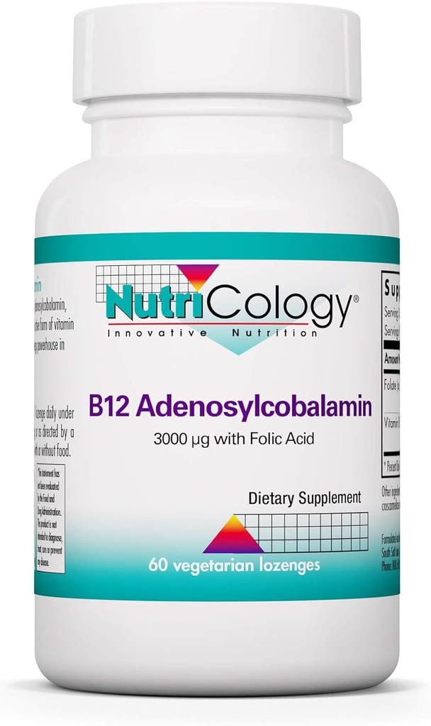 Nutricología B12 Suplemento Adenosylcobalamin - con ácido fólico, vitamina B12 3000 mcg, folato, B12 puro, Lozenges vegetarianos - 60 Conde
