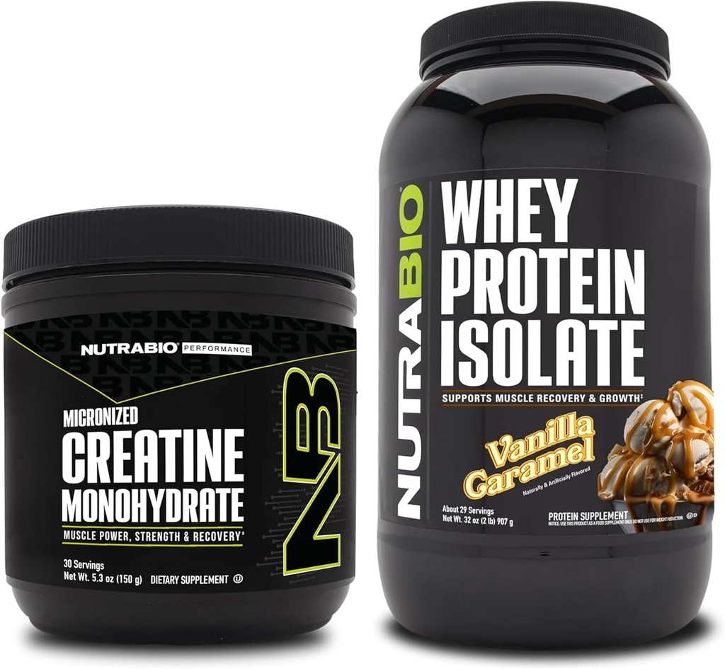 NutraBio Monohidrato de Creatina, Desflavorado, 150g y Whey Protein Isolate, Vanilla Caramel, Suplemento Bundle - Muscle Energy, Lean Muscle Growth, Recovery, and Strength
