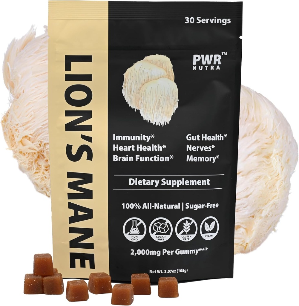 Gummies Mane Mushroom de León REAL - Corazón, Inmunidad, Inflamación, Cerebro, Vegan, Libre de Azúcar, GF, 30 Servimientos TRUE, 3.7oz