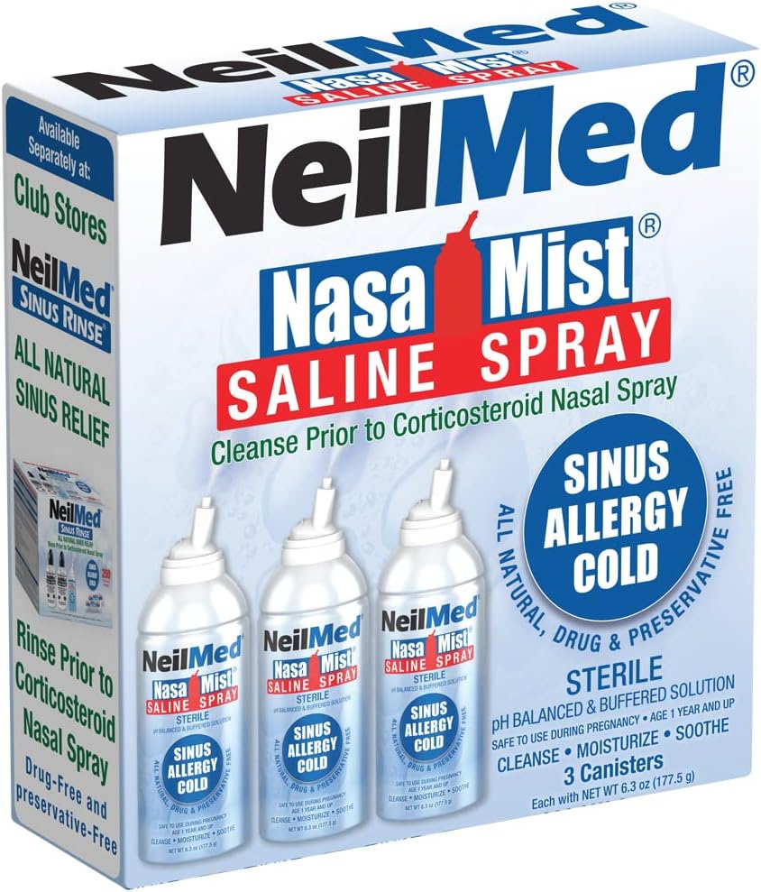 NeilMed NasaMist Isotonic Saline Spray. Soothe, Moisturize y Cleanse Usando punta especialmente diseñada. 177mL. Contiene 3 botes NasaMist