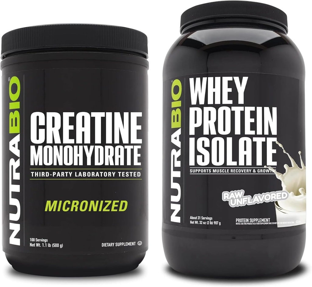NutraBio Monohidrato de Creatina, Desflavorado, 500g y Whey Protein Isolate, Desflavorado, Suplemento Bundle - Energía muscular, Crecimiento del músculo magro, recuperación y fuerza