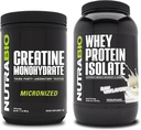 NutraBio Monohidrato de Creatina, Desflavorado, 500g y Whey Protein Isolate, Desflavorado, Suplemento Bundle - Energía muscular, Crecimiento del músculo magro, recuperación y fuerza