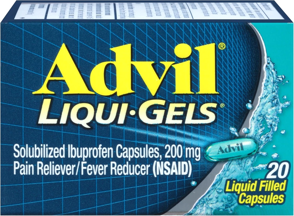 Alimentador de Dolor y Reductor de Dolor Advil Liqui-Gels, Medicamento de Dolor para Adultos con Ibuprofeno 200 mg para Dolor de Cabeza, Dolor de Dolor Menstrual y Alivio de Dolor Conjunto - 20 cápsulas llenas líquidos