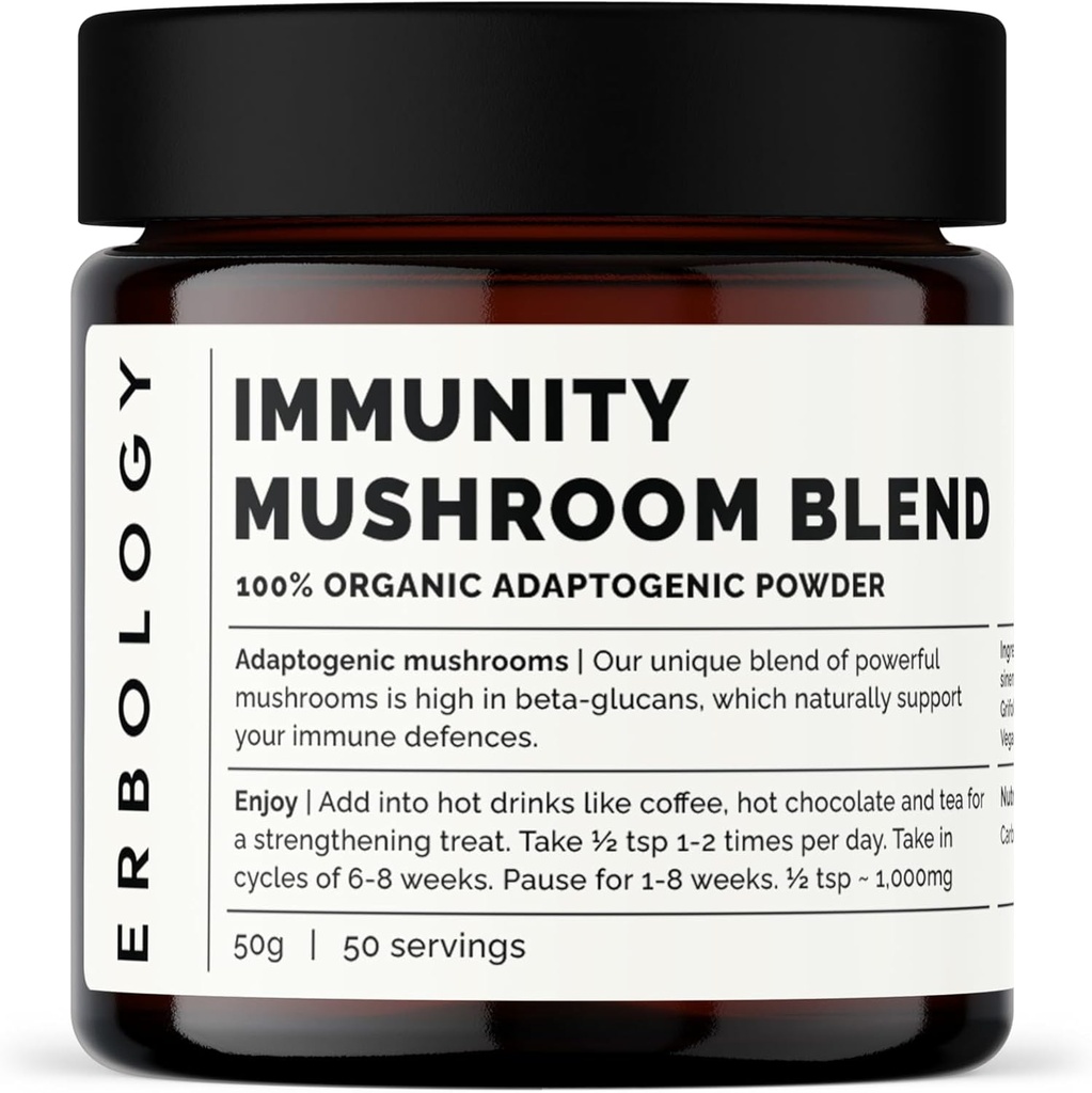Erbology Organic Immunity Mushroom Complex 50 Servings - High in Beta-glucans - Reishi, Cordyceps, Lion's Mane, Turquía Tail - Constantemente Grown in Europe - Vegan - Non-GMO - No Añadido Fillers