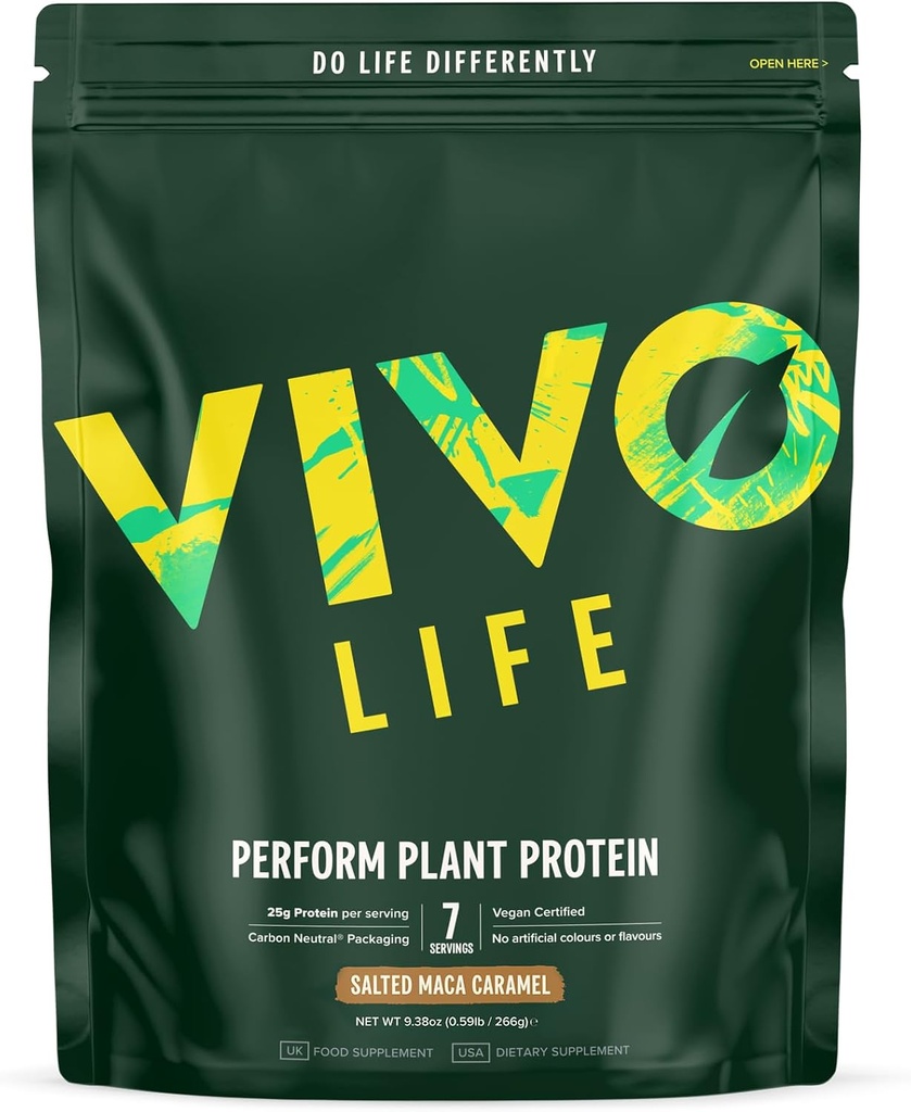 Vida Vivo Realizar Polvo de Proteína Planta - Pea &amp; Hemp Protein Blend con BCAA (9.38 oz, Salted Maca Caramel)