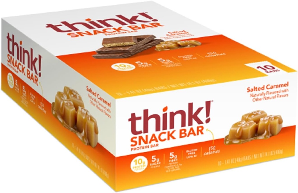 think! Protein Bars with Chicory Root for Fiber, Salted Caramel, Snack Bars without Artificial Sweeteners, 1.4 Oz, 10 Ct