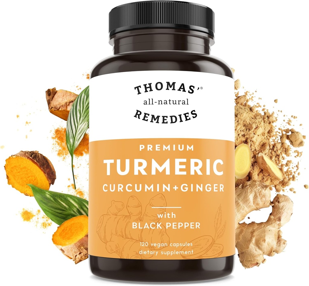 Remedios todo natural de Thomas Curcumina y jengibre de Turmérica con Pepper Negro, Turmérico orgánico Soporte Conjunto Suplemento- 95% Curcumina - NO rellenos, Vegan - 120ct