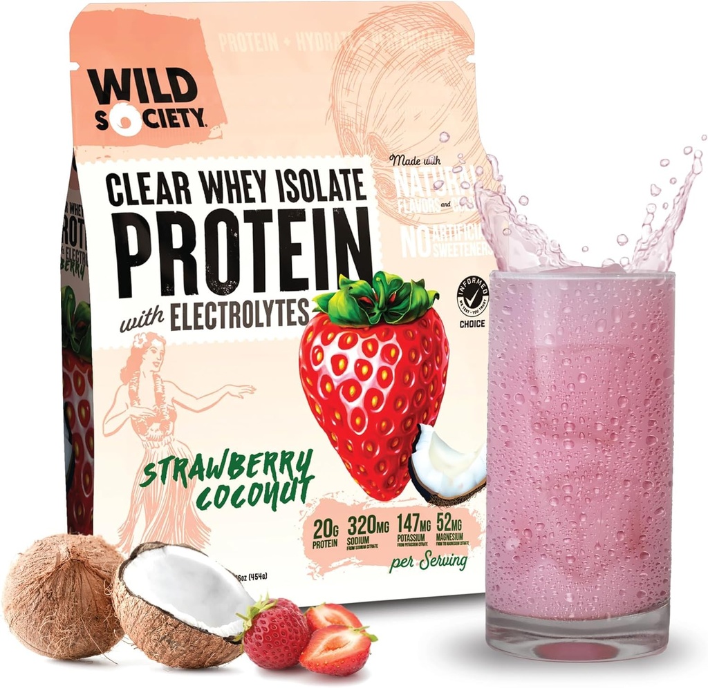 WILD SOCIETY - Clear Whey Protein + Electrolytes - Refreshing Whey Protein Isolate Powder - 20g Protein, 0 Añadido Sugar, GMO-Free, Natural Flavors & Colores - Strawberry Coconut, 16 oz
