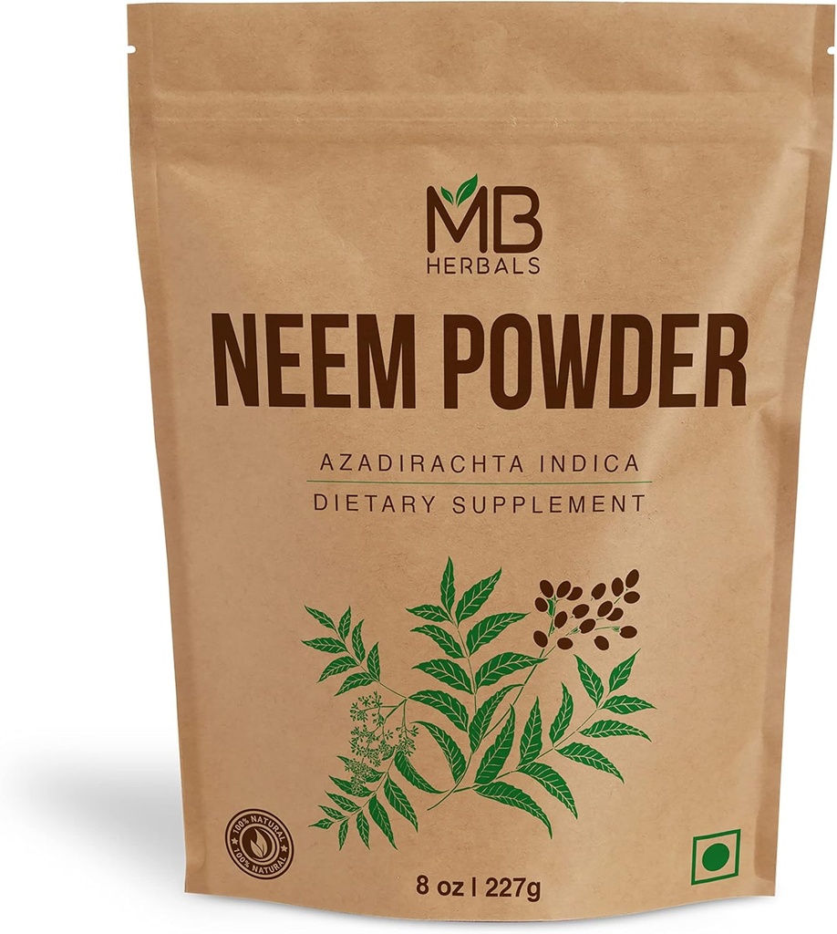 MB Herbals Pure Neem Powder 8 oz  227 Gram / 0.5 LB Pure Wild-Crafted Neem Leaf Powder ← Suplemento para la piel y el cabello ← Azadirachta Indica