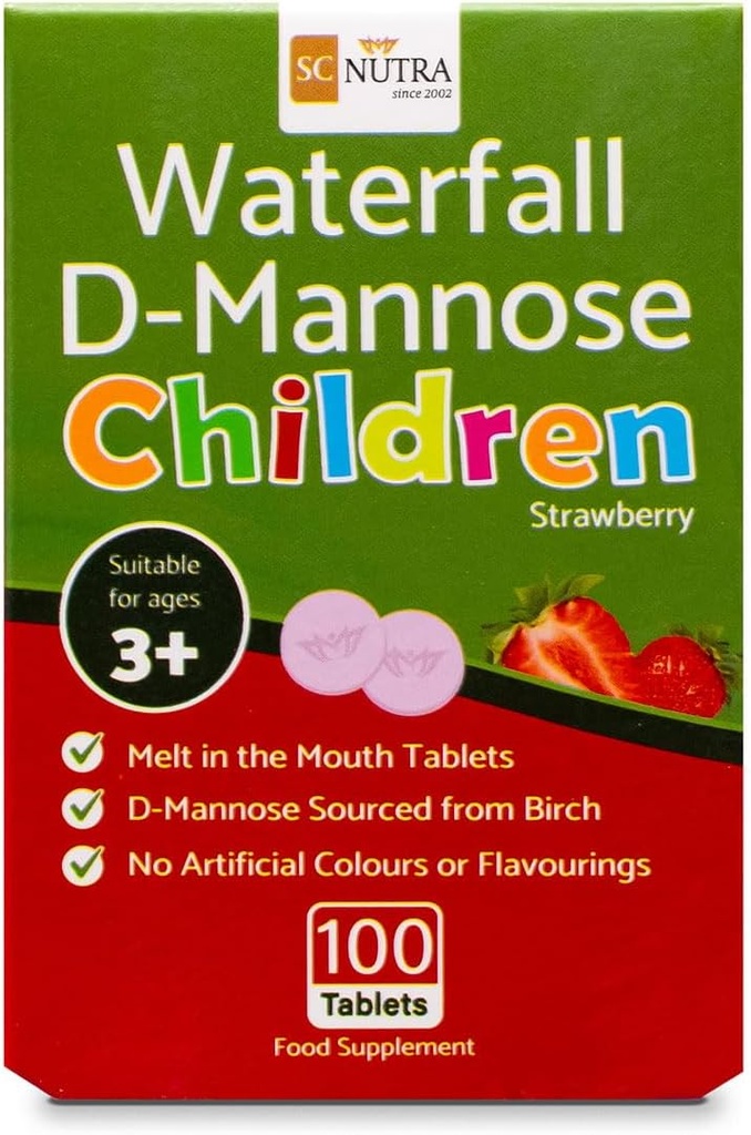 Cascada D-Mannose Los niños se funden en las tabletas Mouth con un toque de fresa. Adecuado para niños &amp; niñas, 3 años + Silencio 100 Cuenta