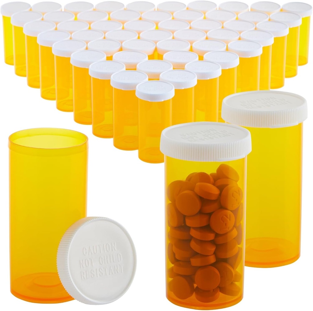 50-Pack Pill Bottles Empty with Caps - 13 Pill Dram Plastic Medicine Bottles - Plastic Vials - Containers for Prescription Medication, Vitamins & Supplements - Orange