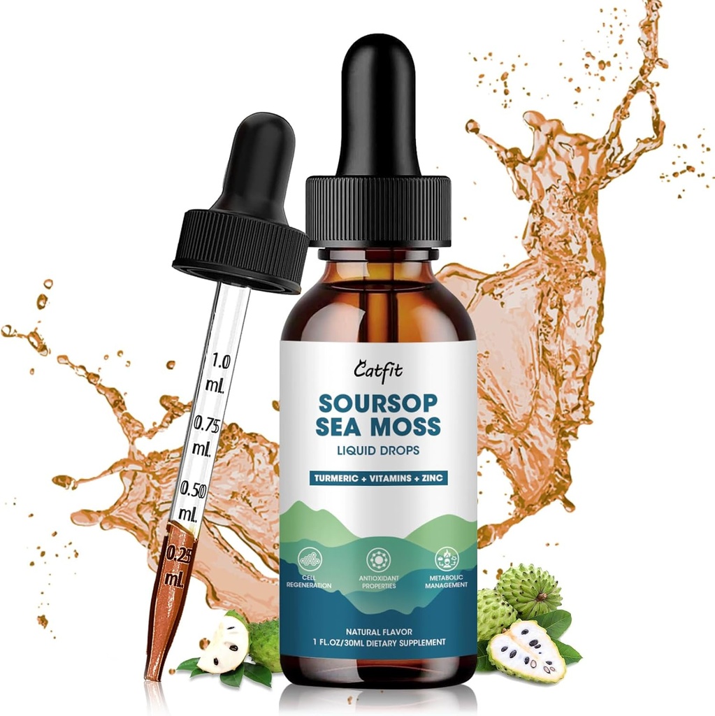 Soursop Graviola Liquid Drop, Soursop Leaves Extract with Sea Moss & Turmeric, Graviola Soursop Bitters Liquid for Cell Support & Regeneration, Liver, Relax, Immune and Antioxidant Support, 1 Fl Oz