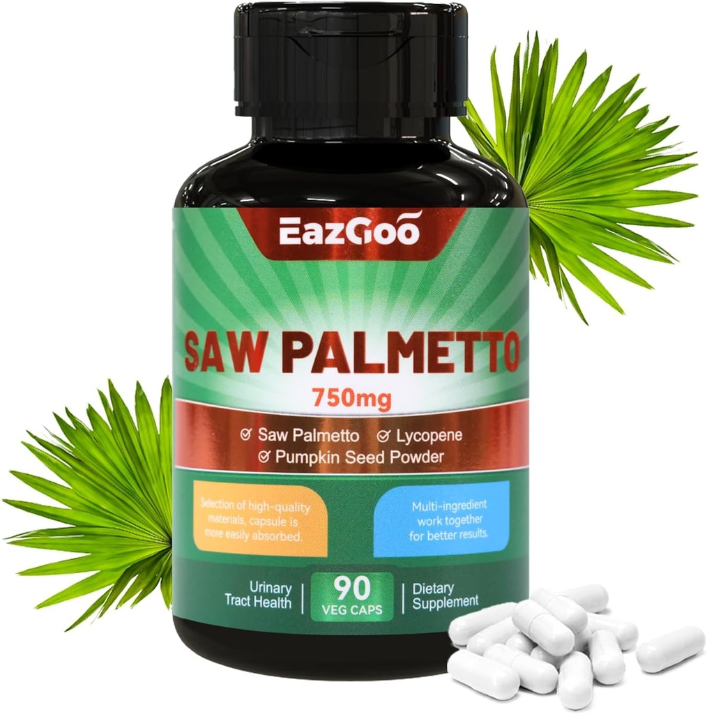 Saw Palmetto Supplement, Saw Palmetto Extract 750mg, with Lycopene, Pumpkin Seed Powder, for Hombres and Women,No-GMOs & Gluten, Vegan, 90 Condes Capsules