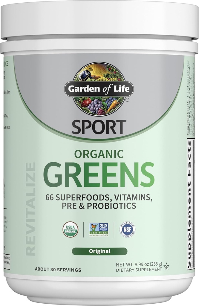 Garden of Life Sport Nutrition Greens and Superfoods Powder for Women and Men - Unflavored, Organic Blend - Spirulina, Fruit, Vitamins, Pre &amp; Probiotics, Mushrooms, Athletic Supplements, 30 Servings