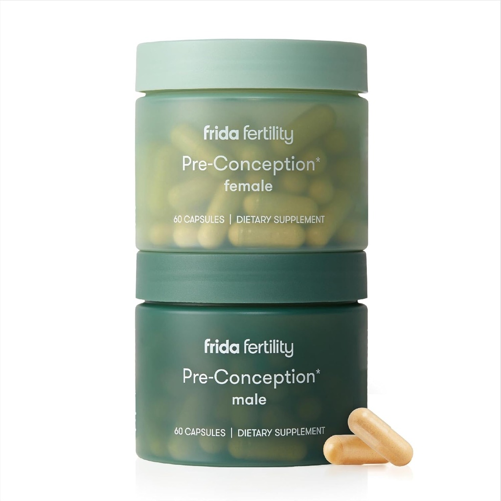 Frida Fertility Pre-Conception Supplement Set, His & Hers Daily Vitamins & Minerals for Fertility, Egg Support " Sperm Health, Folic Acid, Inositol, CoQ10, 60 cápsulas Cada, 30 días de suministro