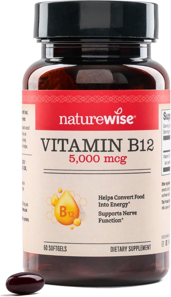 NatureWise Vitamin B12 5000 mcg - Extra Strength - Supplement for Supporting Energy Levels, Mental Clarity, Nervous System Health - Easy-to-Swallow, Soy and Gluten-Free, Non-GMO - 60 Softgels
