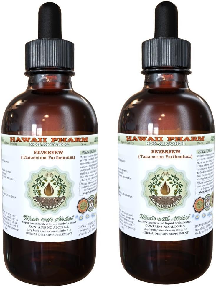 Feverfew Alcohol-Free Liquid Extract, Organic Feverfew (Tanacetum parthenium) Dried Herb Glycerite Hawaii Pharm Natural Herbal Suplemento 2x4 oz