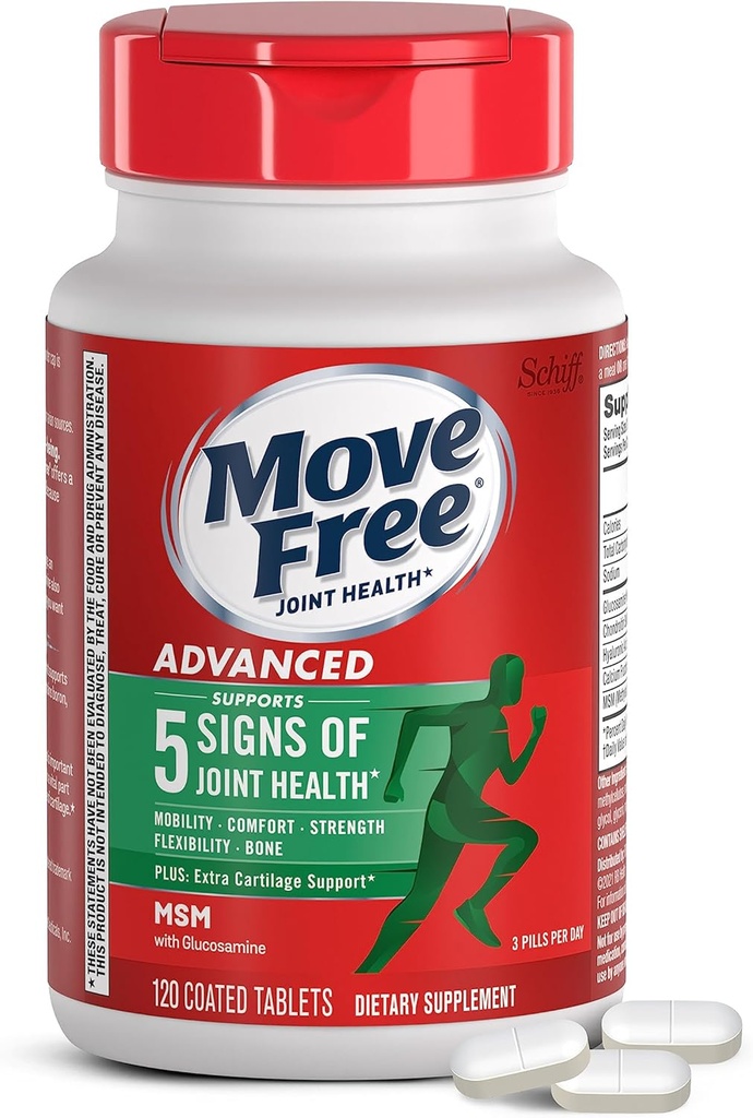Move Free Advanced Glucosamine Chondroitin MSM Joint Support Supplement, Supports Mobility Comfort Strength Flexibility & Bone - 120 Tablets (40 porciones)*