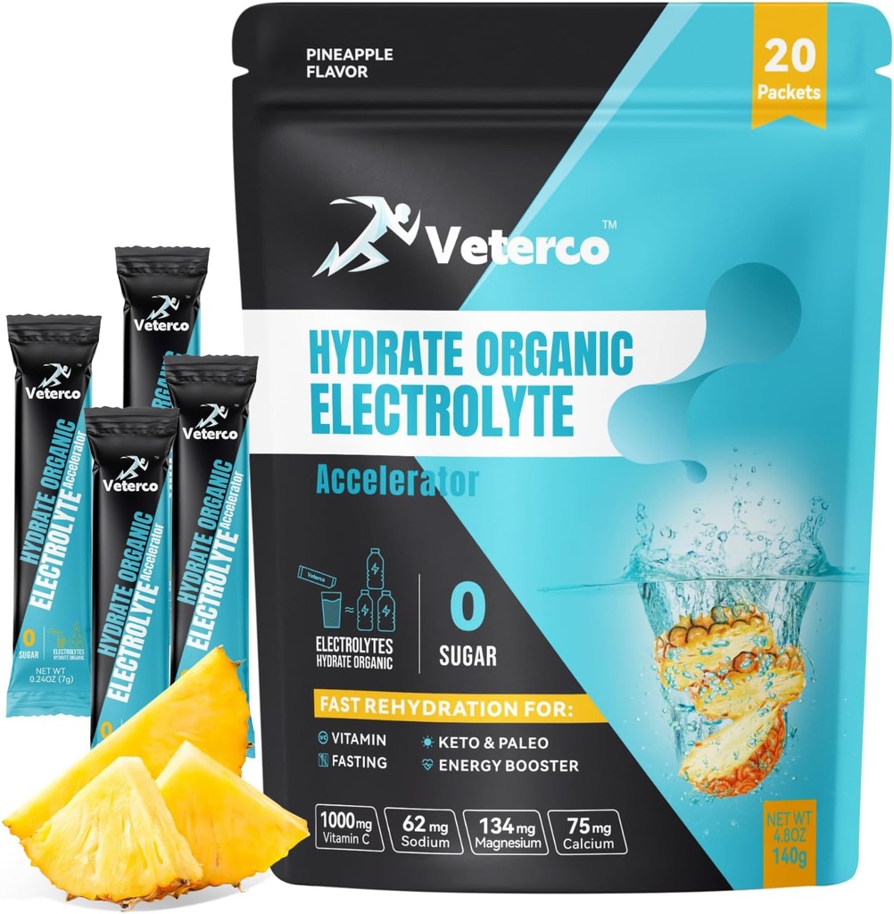 Hydration Electrolyte Powder, Electrolyte Drink, Hydration Supplement Drink Mix, Hydration Packets with Vitamin & Mineral, Keto Friendly, Vegan, Non-GMO, No Sugar, Pineapple Flavor (20 Sticks)