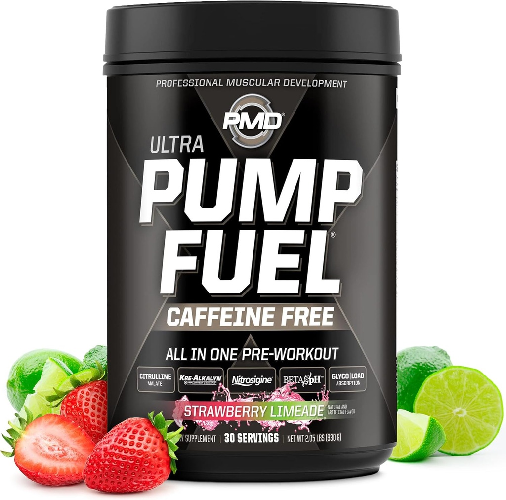 PMD Sports Pump Fuel Ultra Caffeine Gratis - Premium Pre Workout Powder &amp; Muscle Pump, Greater Focus, Endurance & Recovery, Premium Creatine, Arginine & Beta Alanine - Strawberry Limeade (30 Servings)