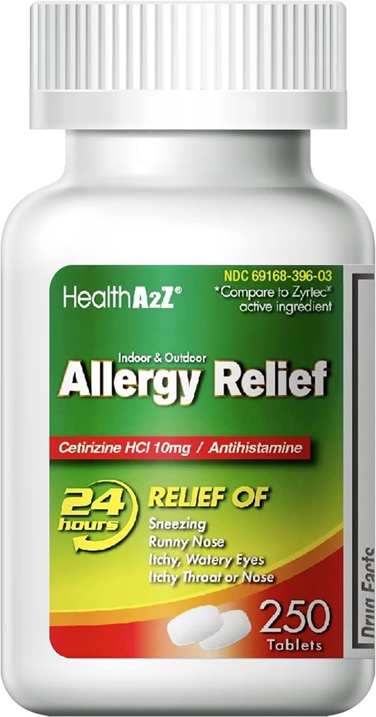 HealthA2Z® Alivio de la Alergia ← Cetirizine 10mg ← Alivio de la Alergia Todo el Día Silencioso Indoor &amp; Outdoor Silencioso Alivio de Itchy Throat, Sneezing, Runny Noses (250 Conde (Pack of 1))
