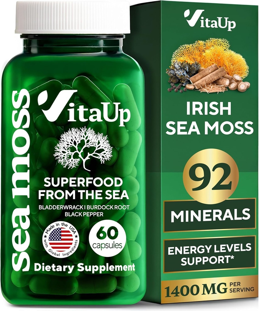 Wildcrafted Irish Sea Moss Capsules with Burdock Root & Bladderwrack - USA Made Sea Moss Advanced for Hair, Skin, Immune & Energy Levels Support - SeaMos Pills - 60 Vegan Capsules