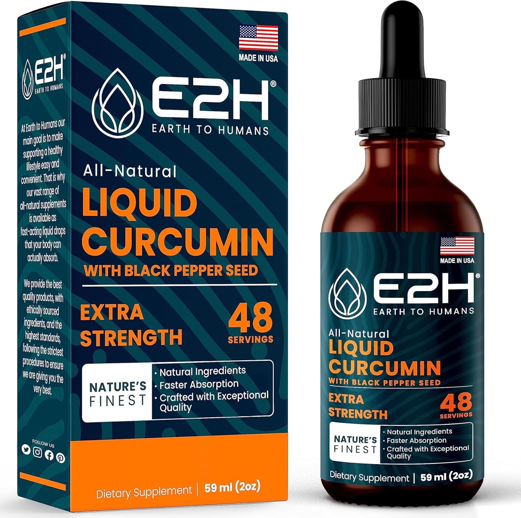 Curcumina de Turmérica Líquida E2H para una mejor absorción - Soporte Conjunto Natural - Extracto Turmérico de raíz con semilla de pimienta negra - Boost Your Health - Vegan - Non-GMO - 2 Fl Oz