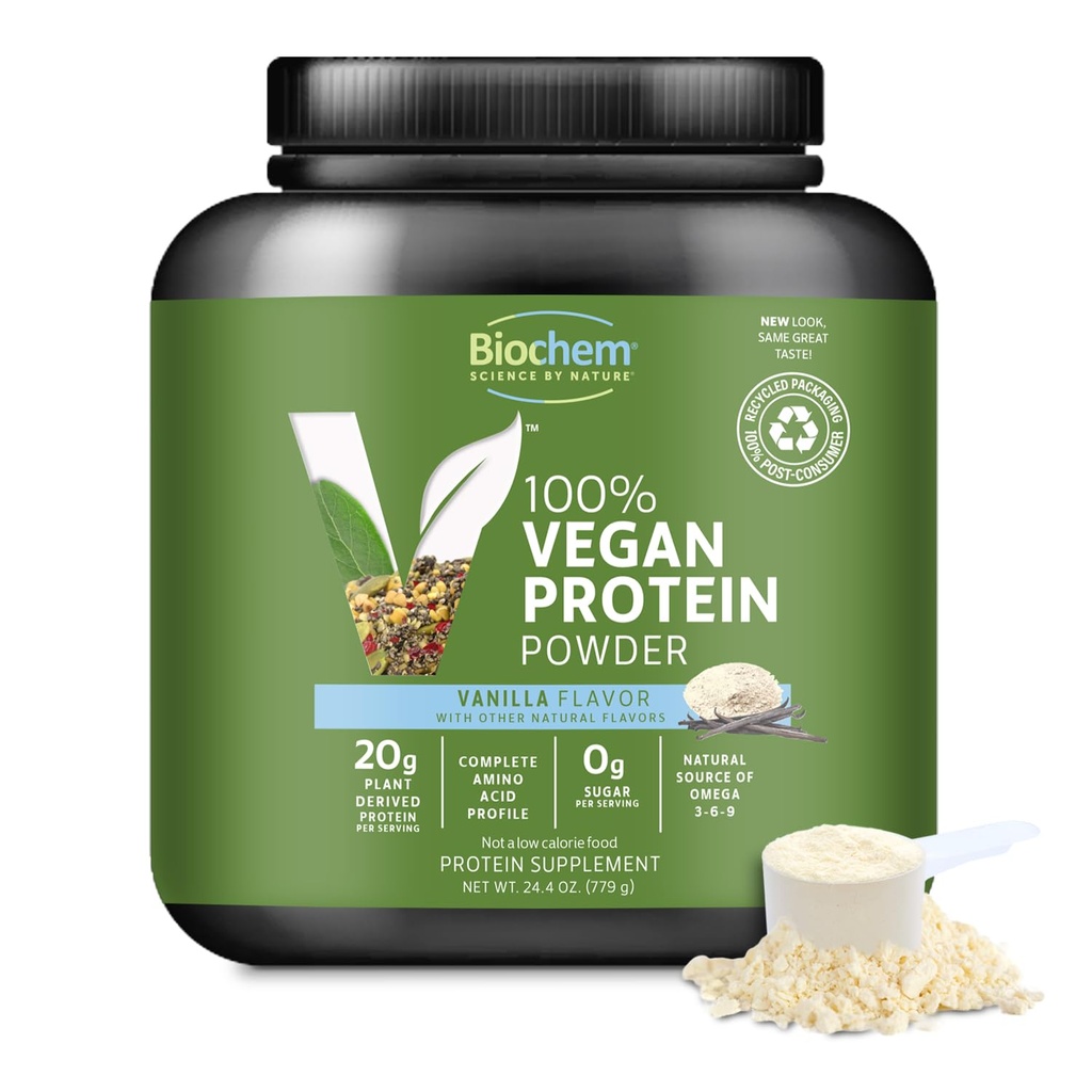 Biochem Vegan Protein Powder, 20g Proteína pura de base vegetal por ser, guisantes orgánicos, cáñamo &amp; arándano, libre de soja, libre de gluten, vainilla, 1,5 lb
