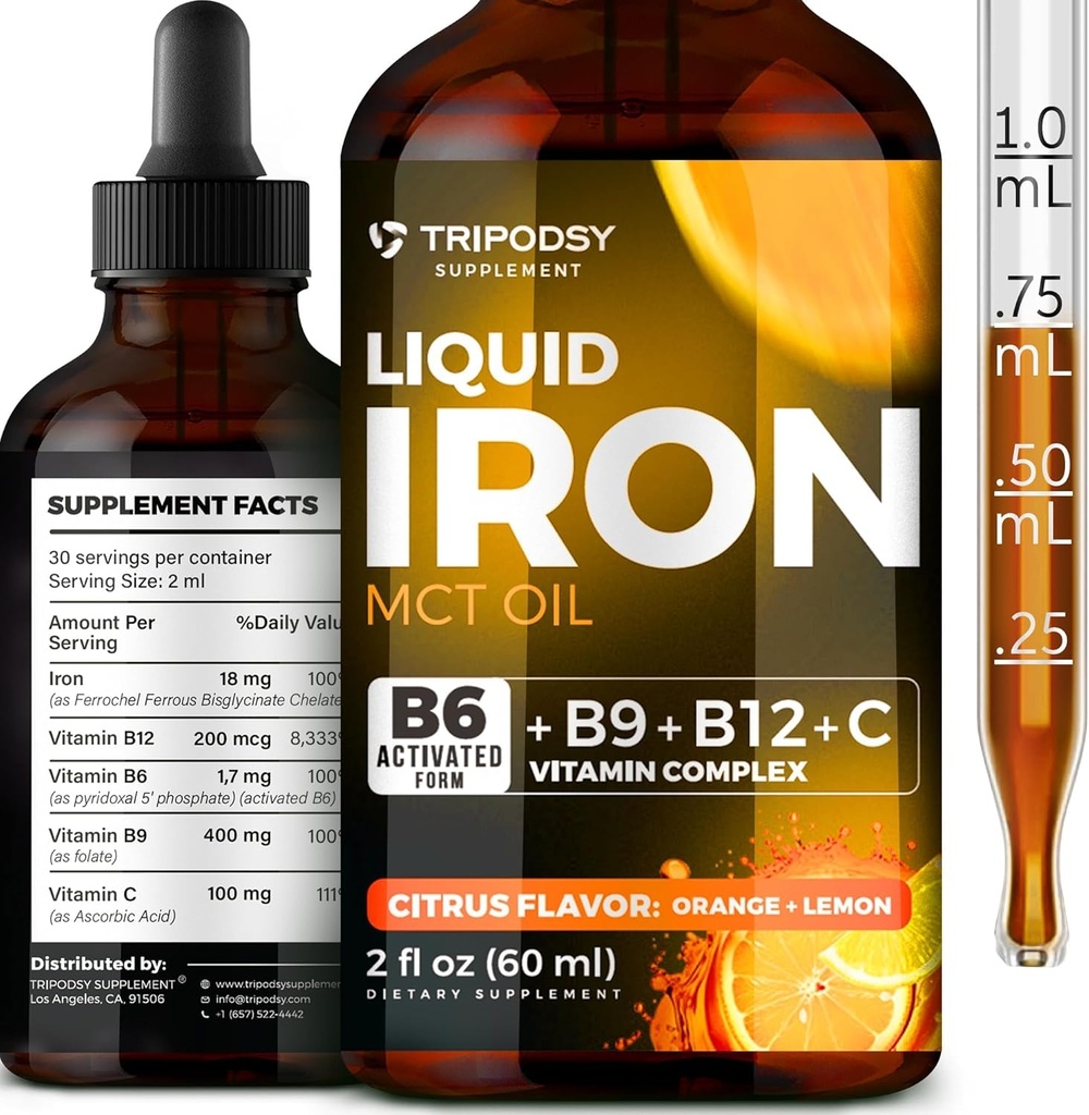 Suplemento de hierro líquido para mujeres y hombres - gotas de hierro con B6, B9, B12, vitamina C para la anemia, constructor de sangre, folato para la célula de sangre roja y soporte inmunológico MCT Oil (2 FL OZ, Cirtruc)