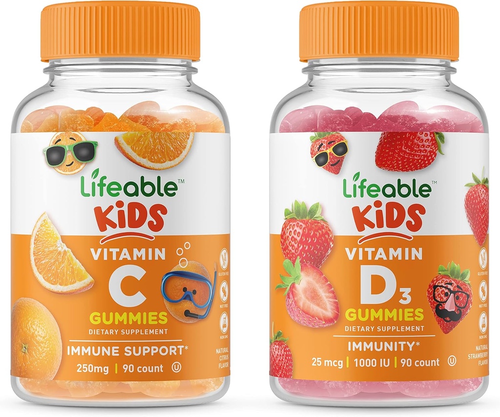 Vitamina D Niños + Vitamina C Niños, Gummies Bundle - Gran Tasting, Suplemento de vitaminas, Gluten Gratis, GMO Gratis, Chewable Gummy