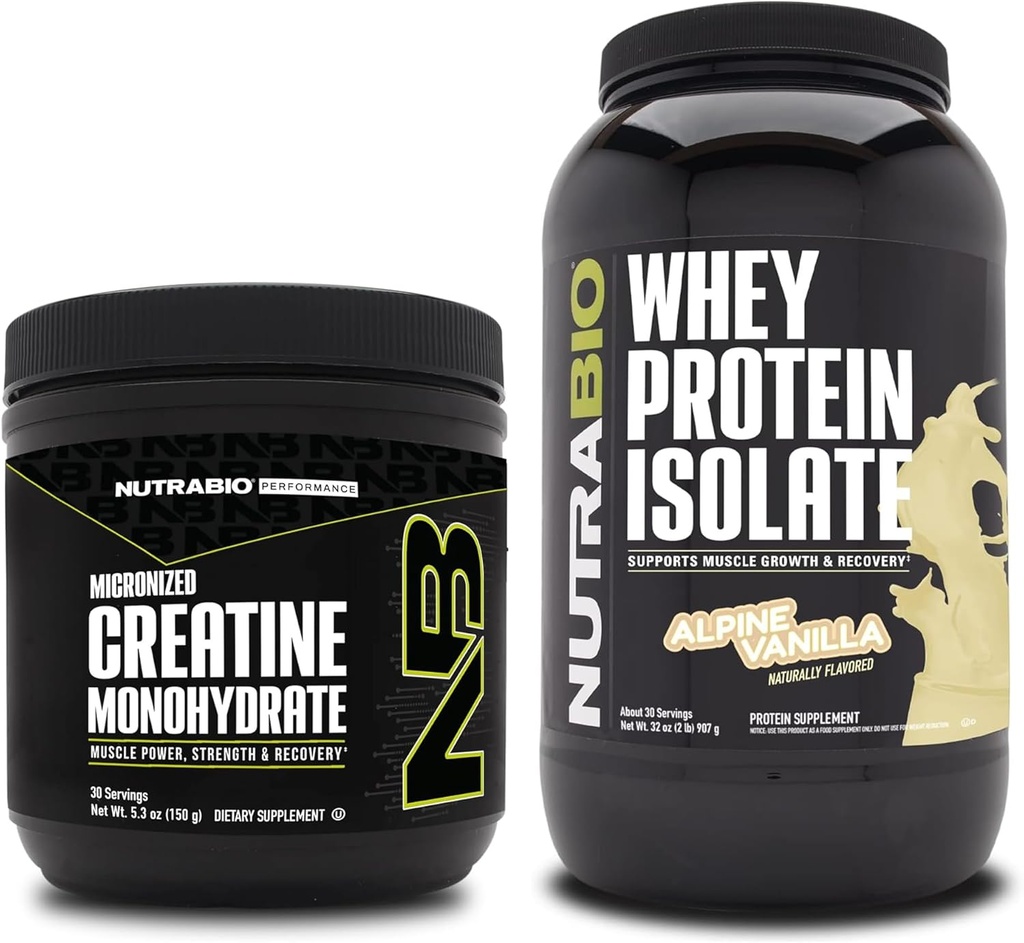 NutraBio Creatine Monohydrate, Unflavored, 150g and Whey Protein Isolate, Alpine Vanilla, Supplement Bundle - Muscle Energy, Lean Muscle Growth, Recovery, and Strength