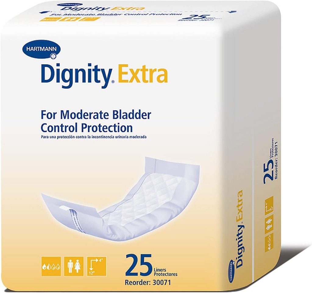 Dignidad Extra Incontinence Liner para Hombres y Mujeres - Leak de la vejiga Pads, Moderate Absorbency - One Size Fits Most, 4 in x 12 in, 25 Count, 1 Pack