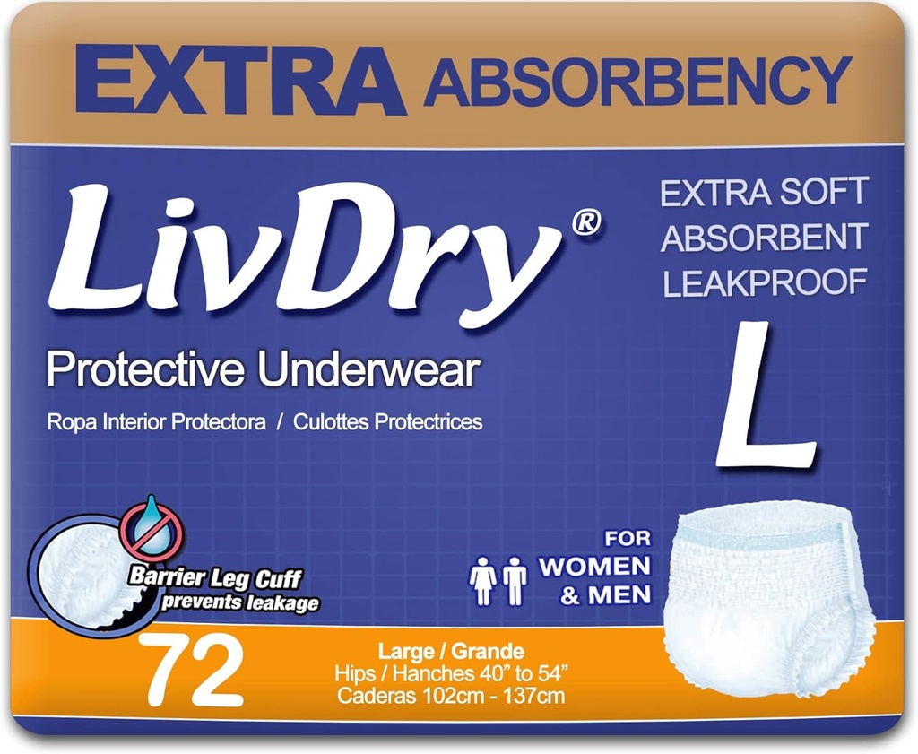 Ropa interior de incontinencia de adultos de LivDry, Diapers de adultos de Absorbencia Extra, Protección de Leak, Grande, 72-Pack