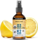 Vitamina orgánica D3 5000 UI (Lichen) + K2 120 mcg (Chickpea fermentada), Immune, Bone & Heart Health with Calcium Absorption ← Trace Minerals, Lemon " Citrus, Sugar Free, Spray (1 FL OZ, 30 Servings)