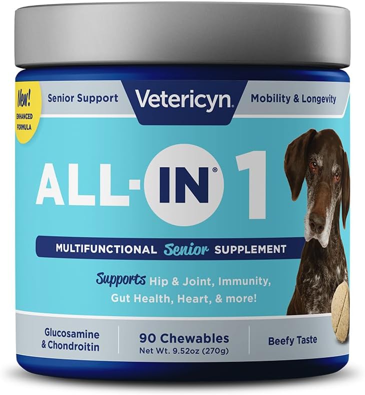 Vetericyn All-in 1 Multifunctional Senior Dog Supplement tención Digestive Enzymes + Glucosamine Chondroitin for Hip and Joint Support + Vitaminas, Antioxidantes, Prebióticos, Probióticos y Omegas. Cuenta 90
