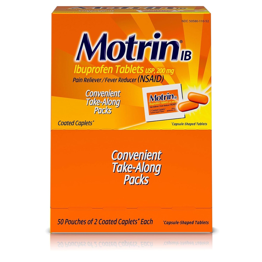 Motrin IB - Tablas de Ibuprofeno, Dos Tablas Por Packet, 50 Packets Total, Una Caja