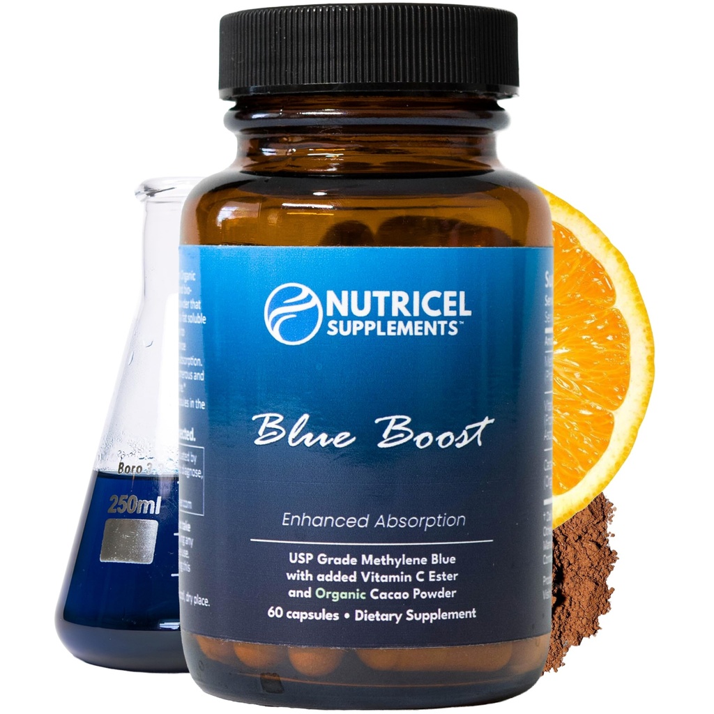Nutricel Methylene Blue Capsules - Suplemento de Grado Farmacéutico - Confía Hecho en América Marca - 12mg (Referencia de USP) con vitamina C Ester Absorción Mejorada - Tercera Parte Probada (60ct)