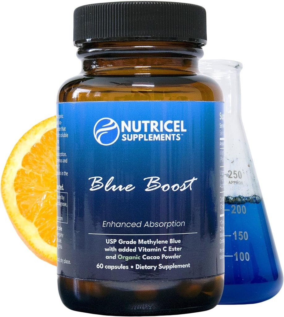 Nutricel Methylene Blue Capsules - Suplemento de Grado Farmacéutico - Confía Hecho en América Marca - 12mg (Referencia de USP) con vitamina C Ester Absorción Mejorada - Tercera Parte Probada (60ct)