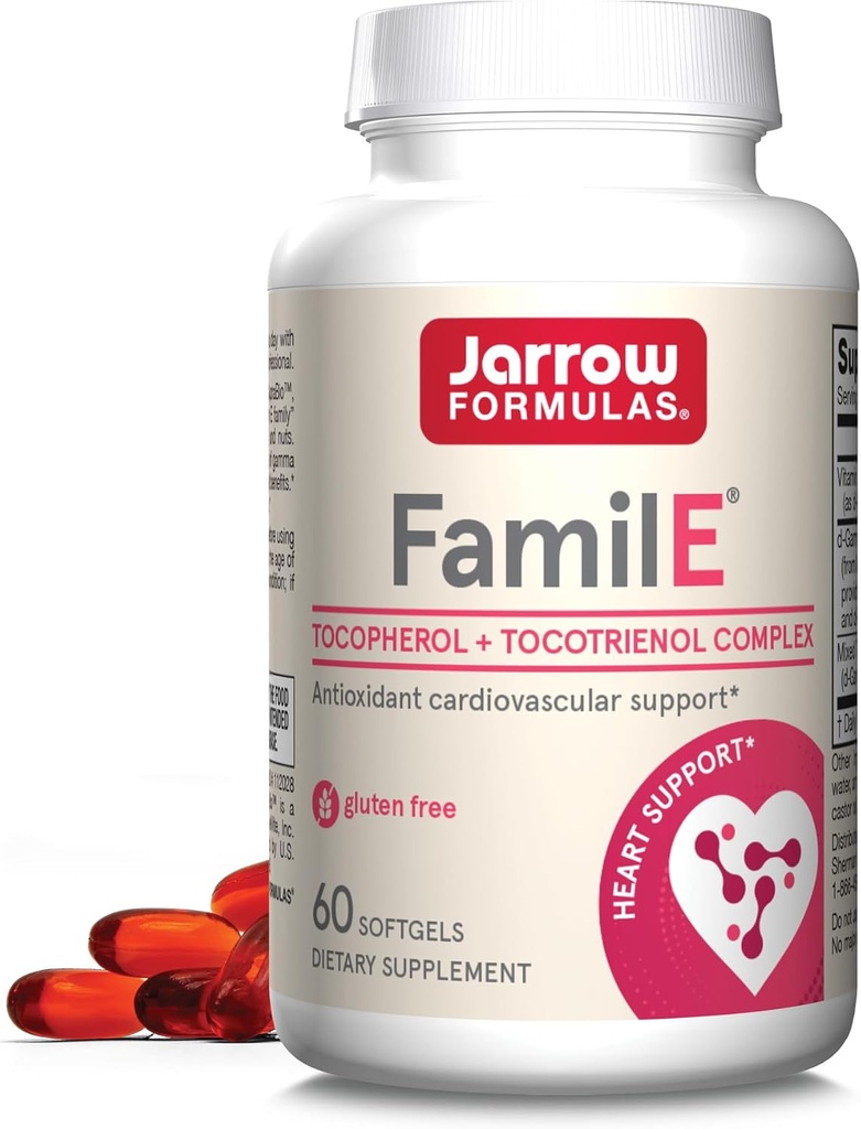 Fórmulas de Jarrow Famil-E - Promueve el corazón y la salud cardiovascular - Contiene a los ocho miembros de la familia de vitamina E - Rico en Gamma Tocopherol " Tocotrienols - 60 Softgels