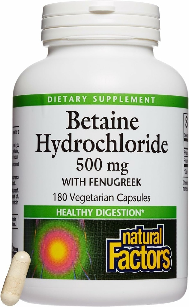 Factores naturales, Betaine HCL 500 mg, soporta la digestión saludable y un microbioma saludable, 180 cápsulas (180 porciones)